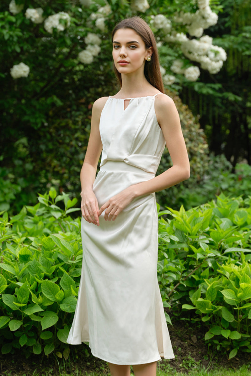 White Sleeveless Keyhole Midi Graduation Dress