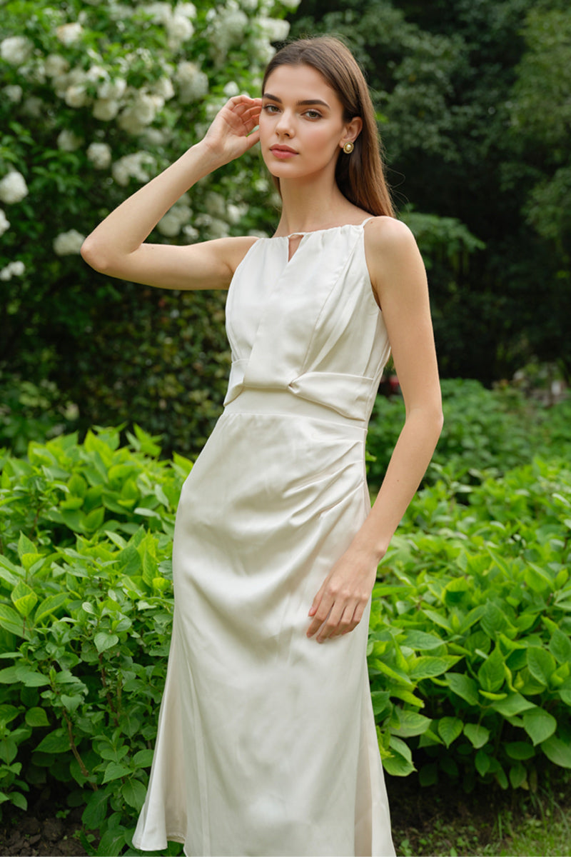White Sleeveless Keyhole Midi Graduation Dress