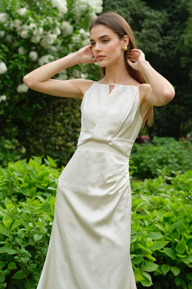 White Sleeveless Keyhole Midi Graduation Dress