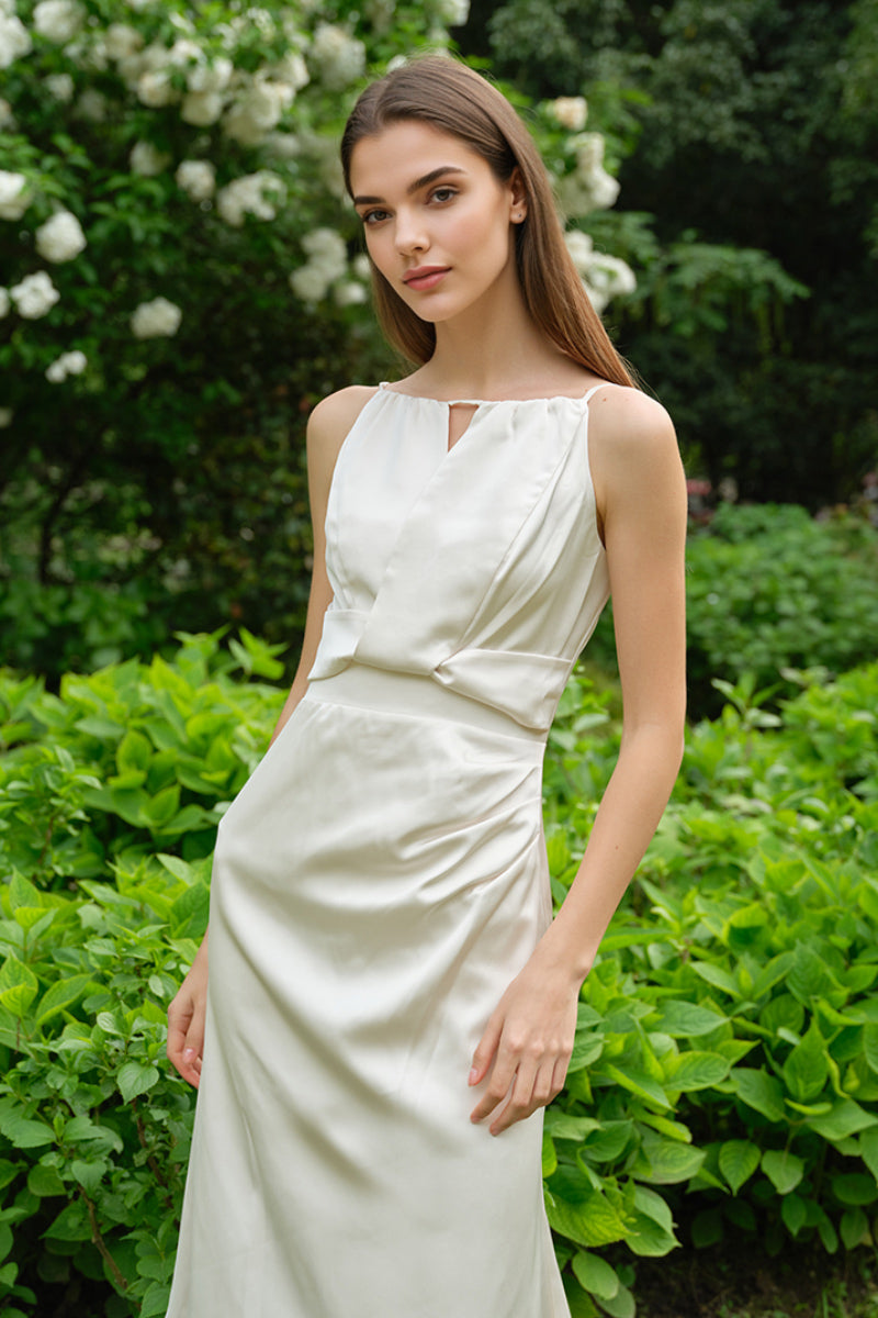 White Sleeveless Keyhole Midi Graduation Dress