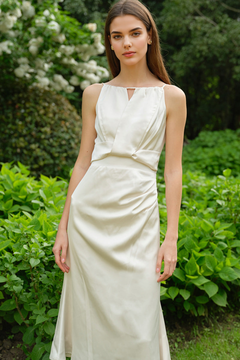 White Sleeveless Keyhole Midi Graduation Dress
