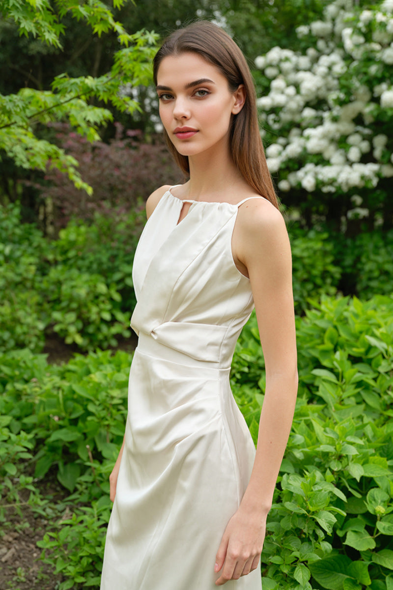 White Sleeveless Keyhole Midi Graduation Dress