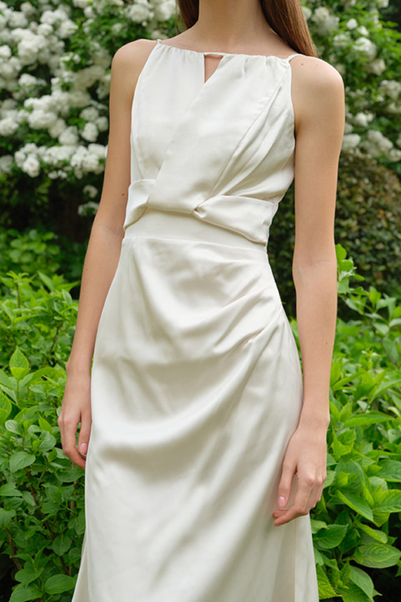 White Sleeveless Keyhole Midi Graduation Dress