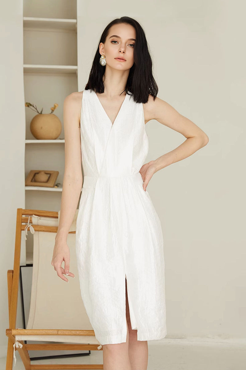 White Sleeveless Midi Graduation Dress With Front Slit