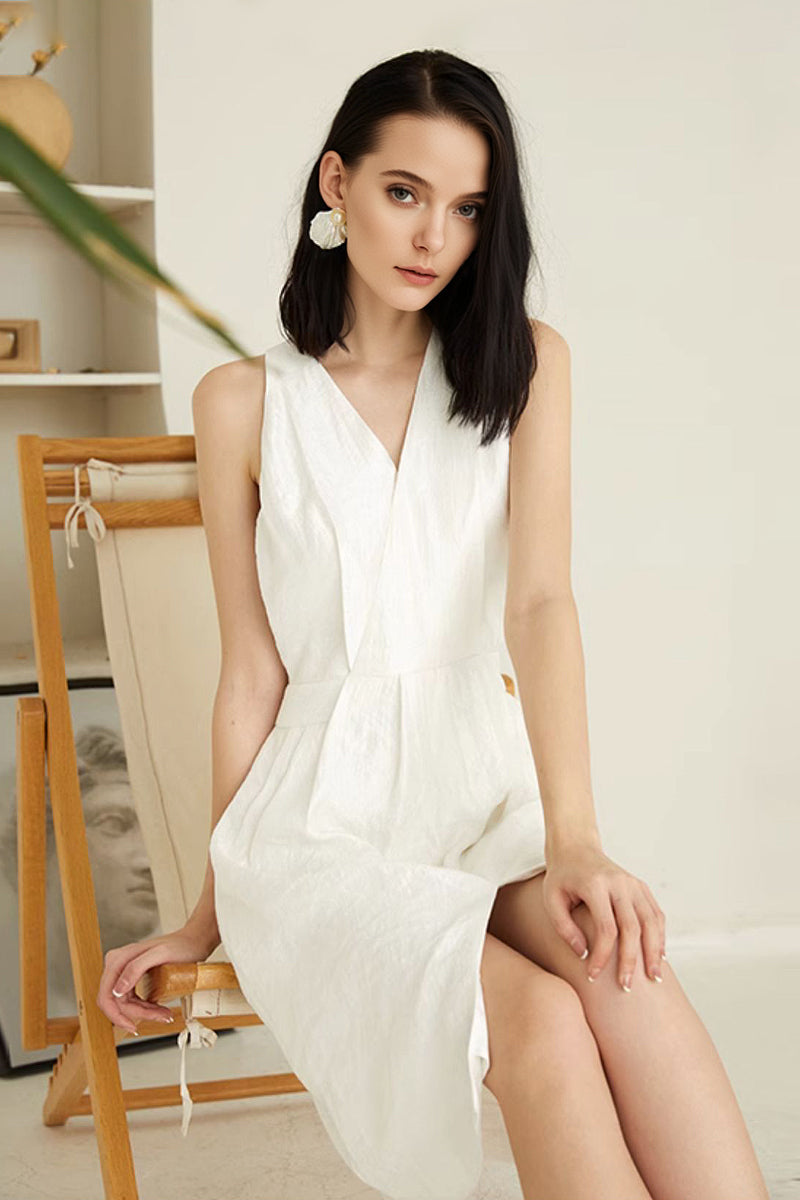 White Sleeveless Midi Graduation Dress With Front Slit