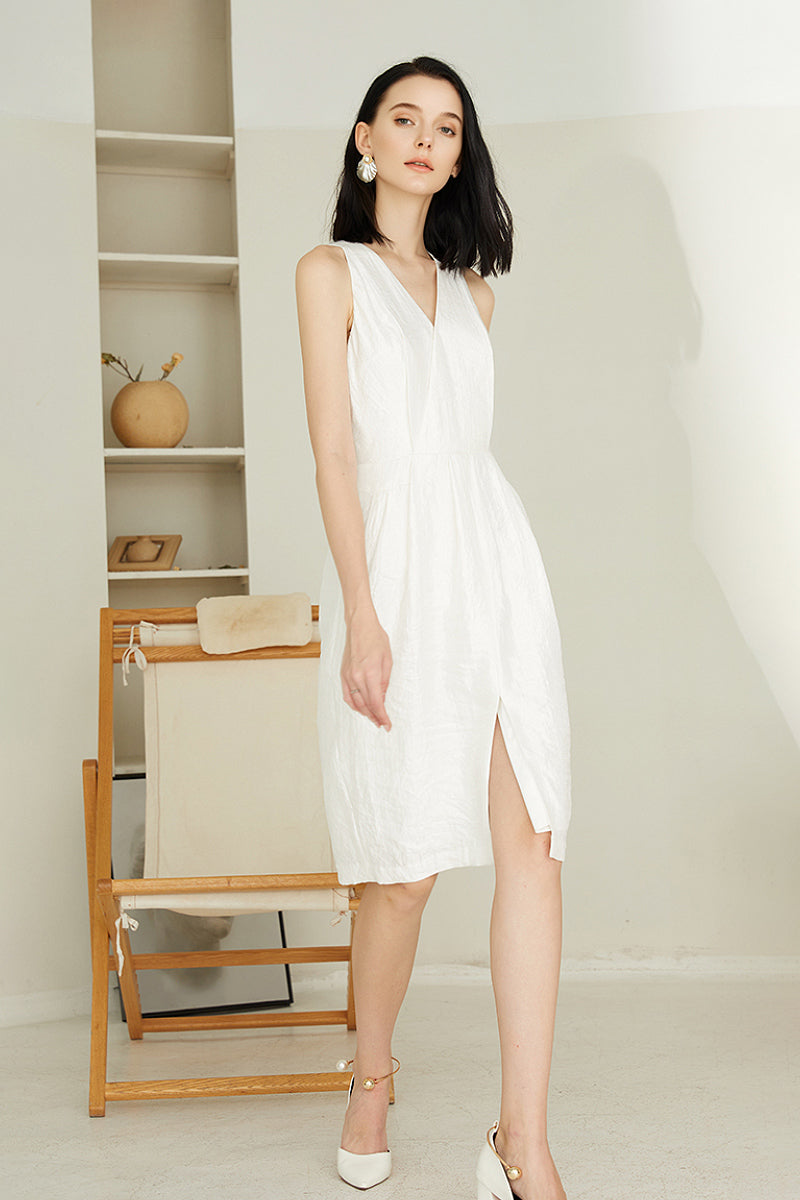 White Sleeveless Midi Graduation Dress With Front Slit