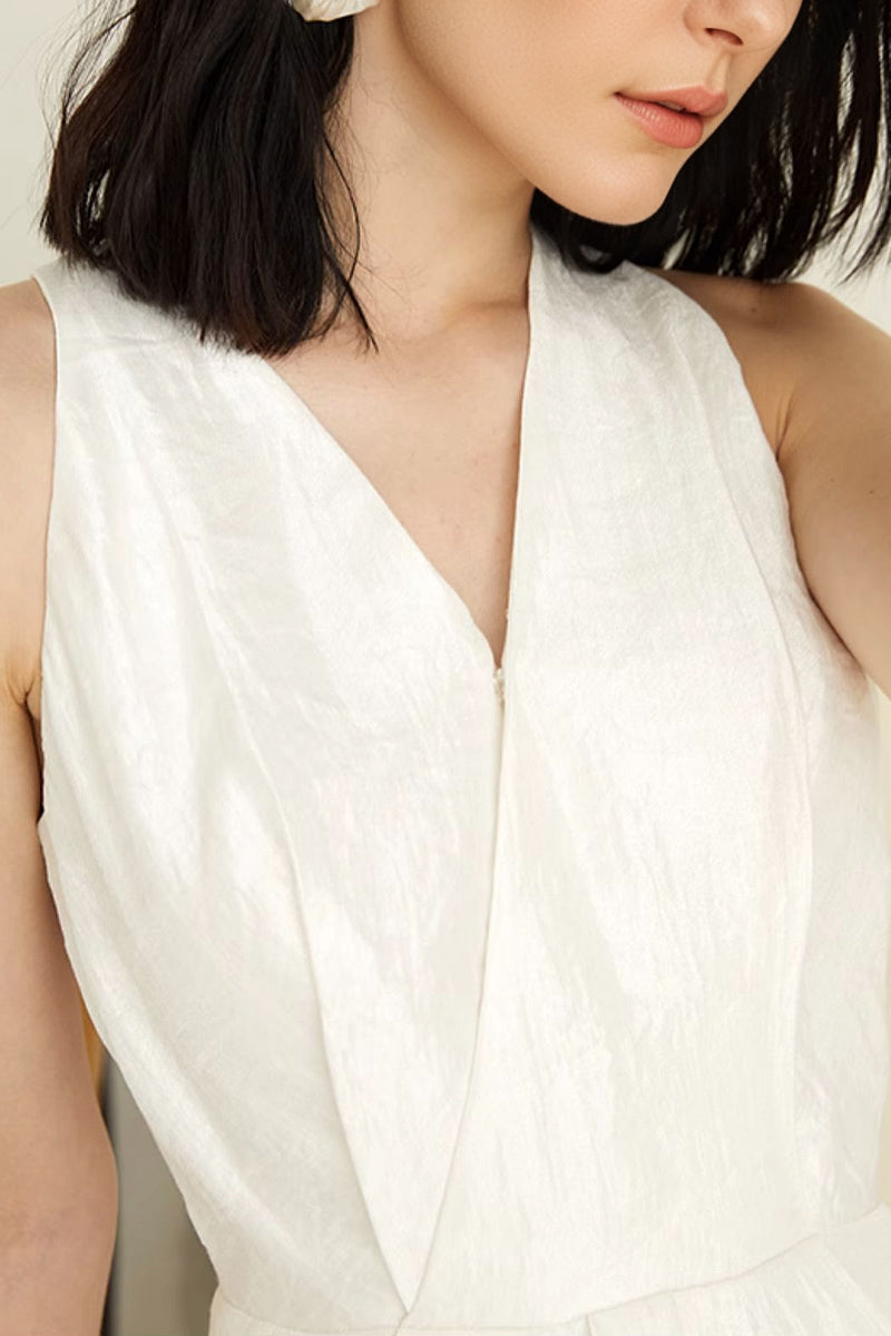 White Sleeveless Midi Graduation Dress With Front Slit
