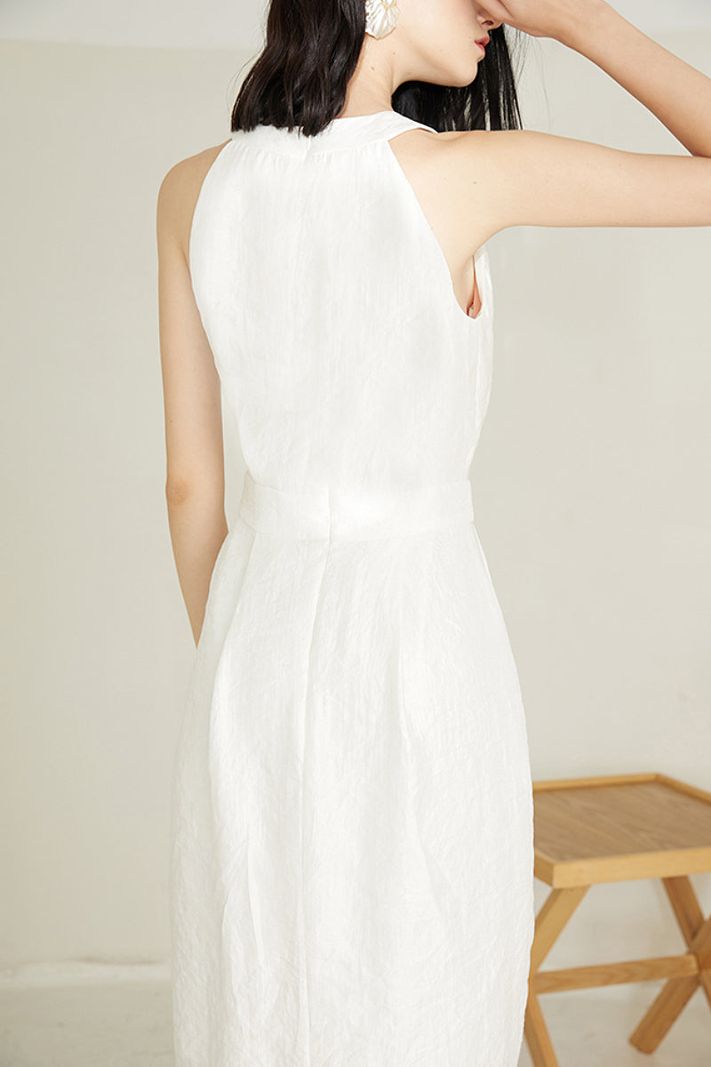 White Sleeveless Midi Graduation Dress With Front Slit