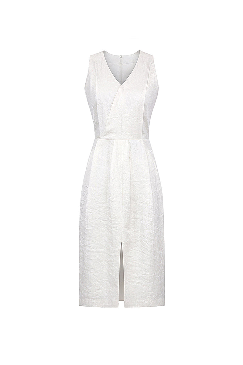 White Sleeveless Midi Graduation Dress With Front Slit