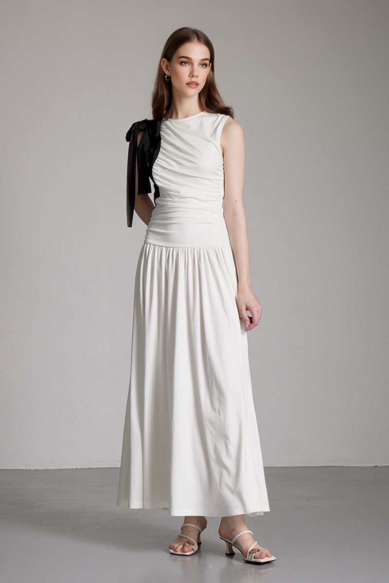 Sleeveless One-Shoulder-Tie Ruched Maxi Dress