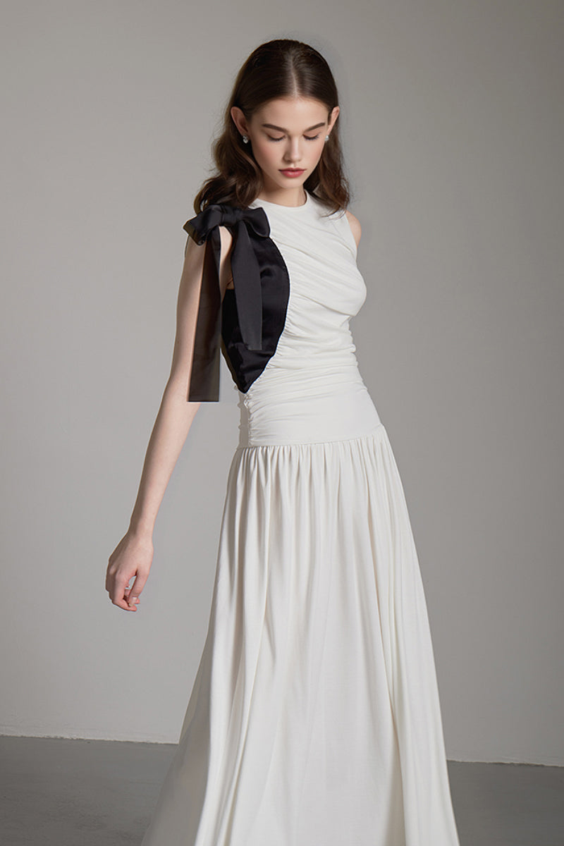 Sleeveless One-Shoulder-Tie Ruched Maxi Dress