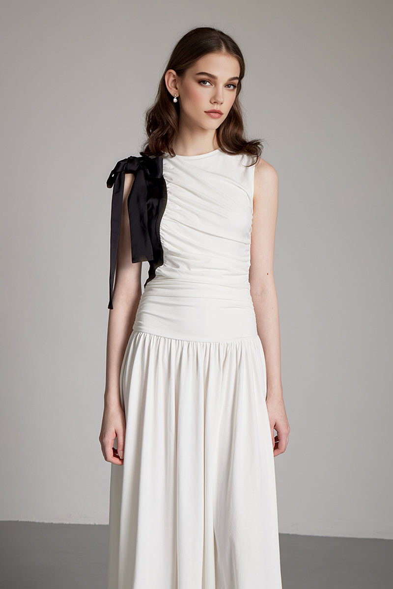 Sleeveless One-Shoulder-Tie Ruched Maxi Dress