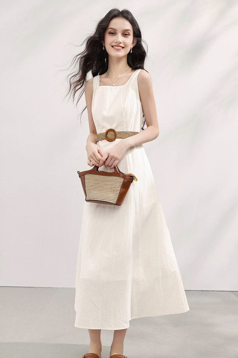 White Sleeveless Square-Neck A-Line Maxi Dress