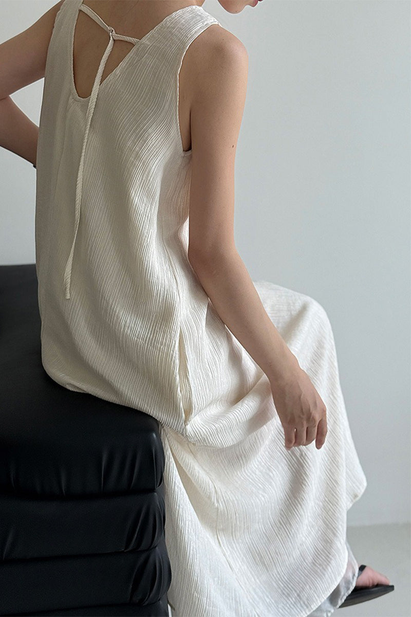 White Sleeveless U Neck Tie-Back Maxi Dress