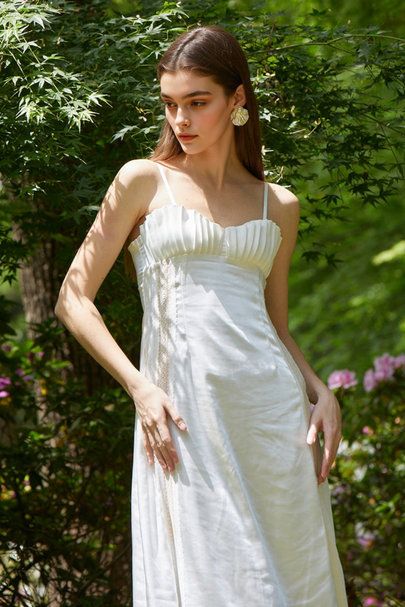 White Spaghetti-Strap Ruched Front Midi Cocktail Dress