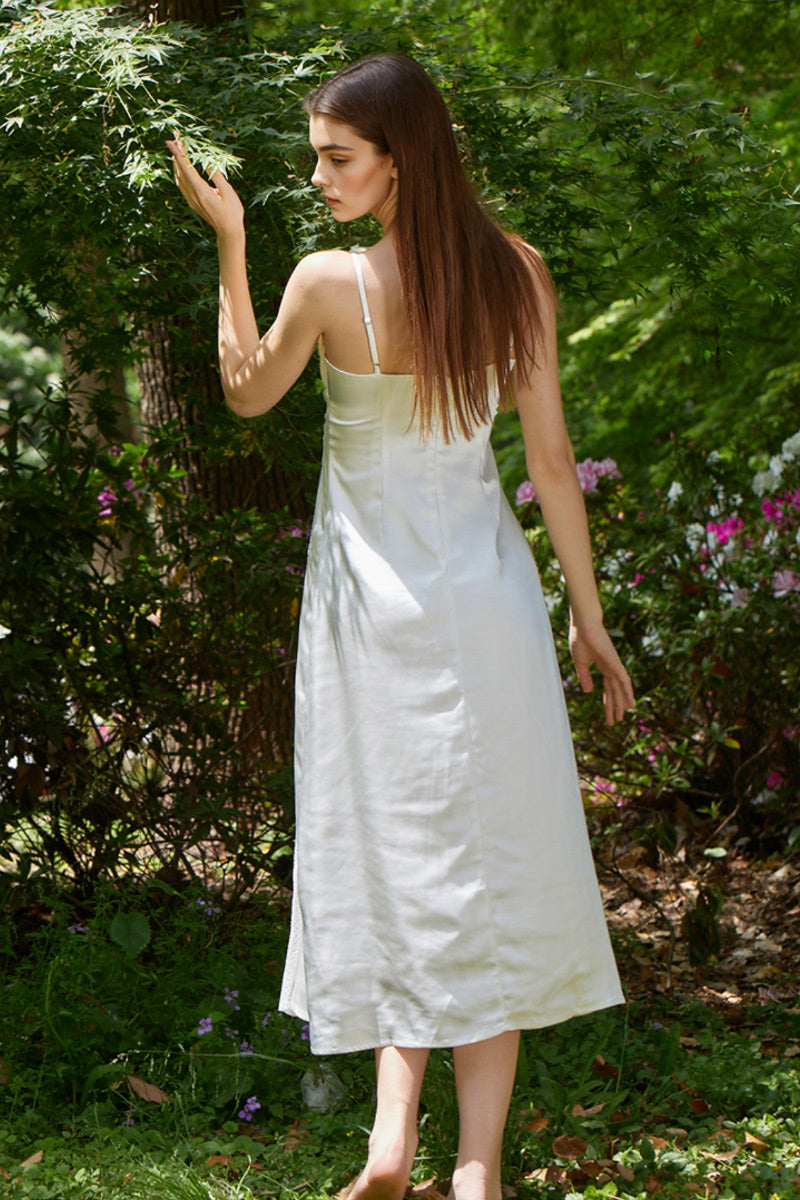 White Spaghetti-Strap Ruched Front Midi Cocktail Dress