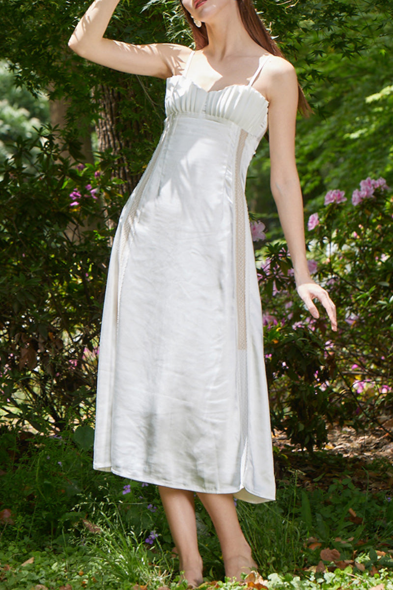 White Spaghetti-Strap Ruched Front Midi Cocktail Dress