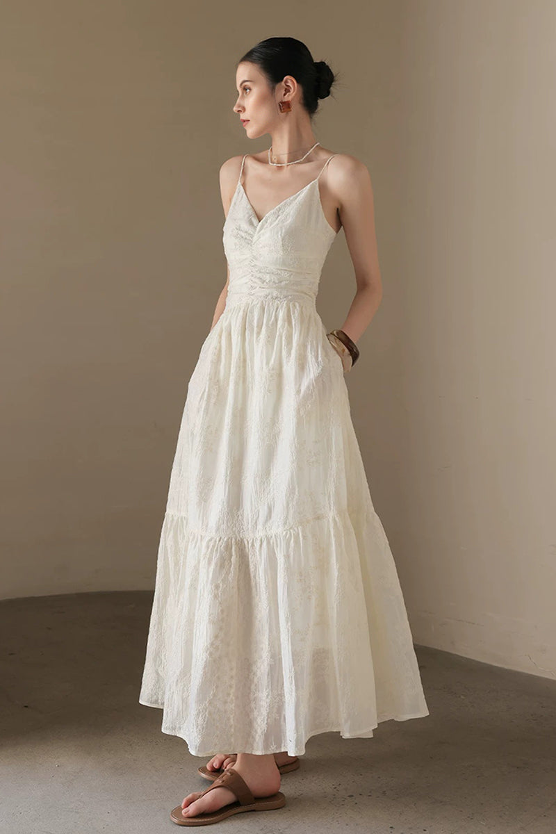 White Spaghetti Strap V-Neck Ruched Maxi Dress