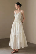 White Spaghetti Strap V-Neck Ruched Maxi Dress