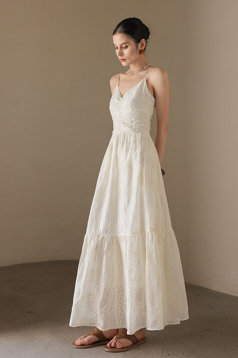 White Spaghetti Strap V-Neck Ruched Maxi Dress