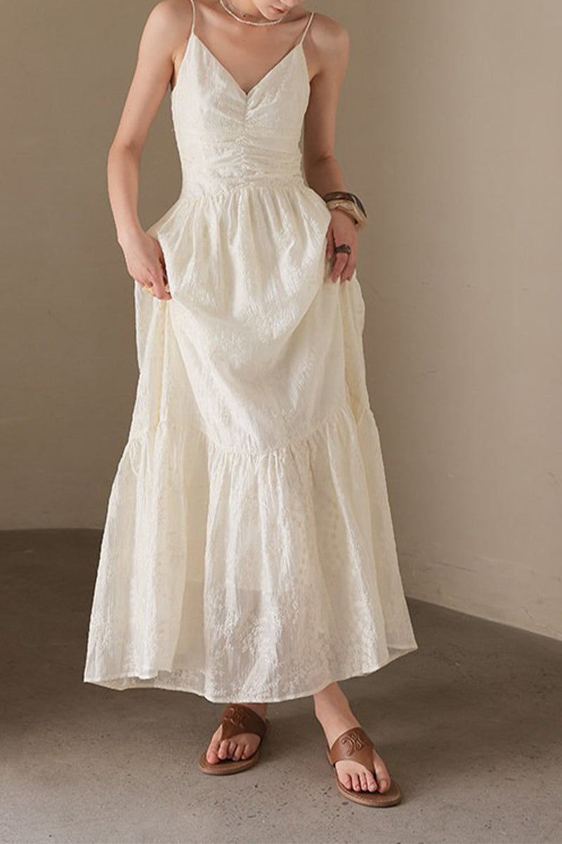 White Spaghetti Strap V-Neck Ruched Maxi Dress