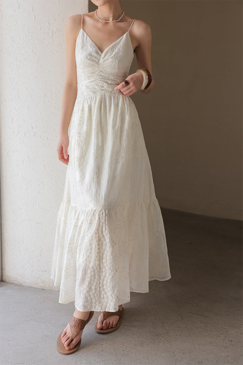 White Spaghetti Strap V-Neck Ruched Maxi Dress
