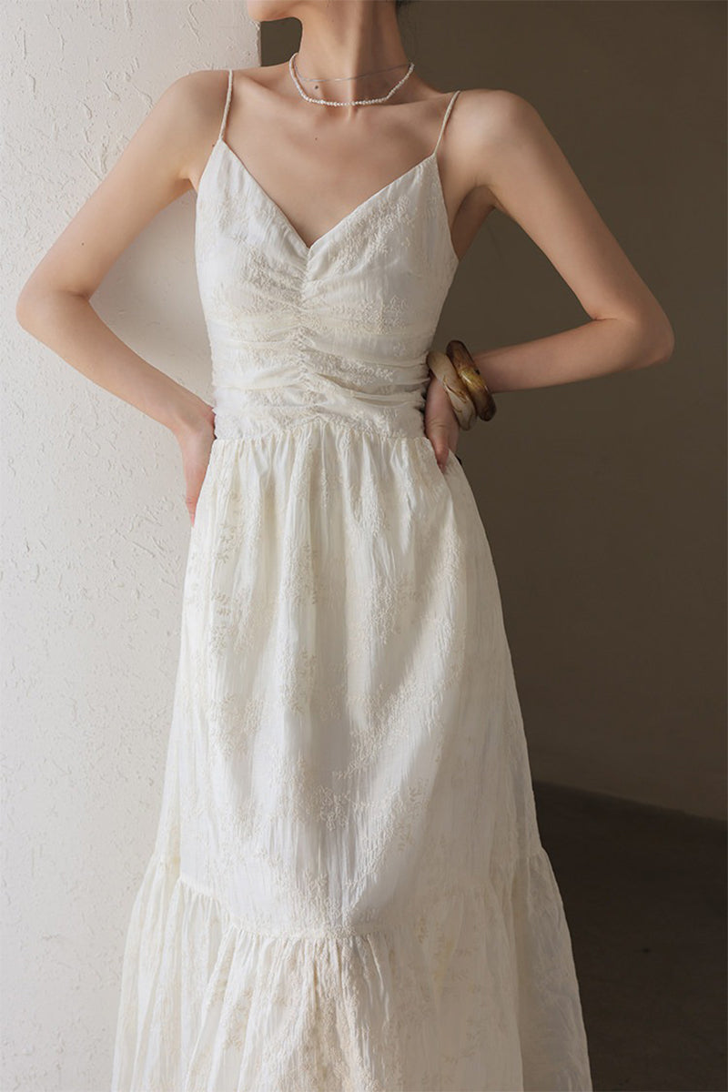 White Spaghetti Strap V-Neck Ruched Maxi Dress