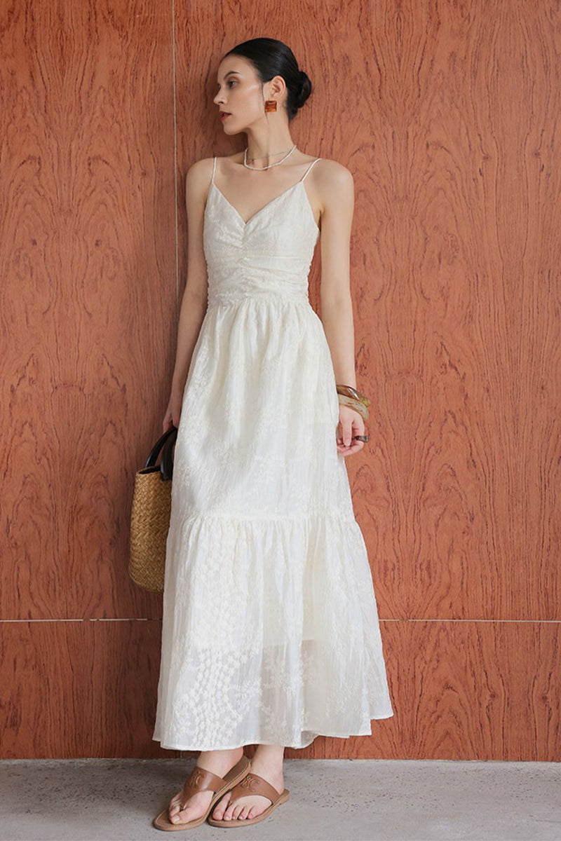 White Spaghetti Strap V-Neck Ruched Maxi Dress
