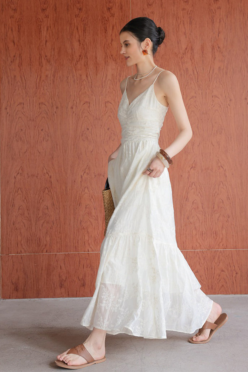 White Spaghetti Strap V-Neck Ruched Maxi Dress