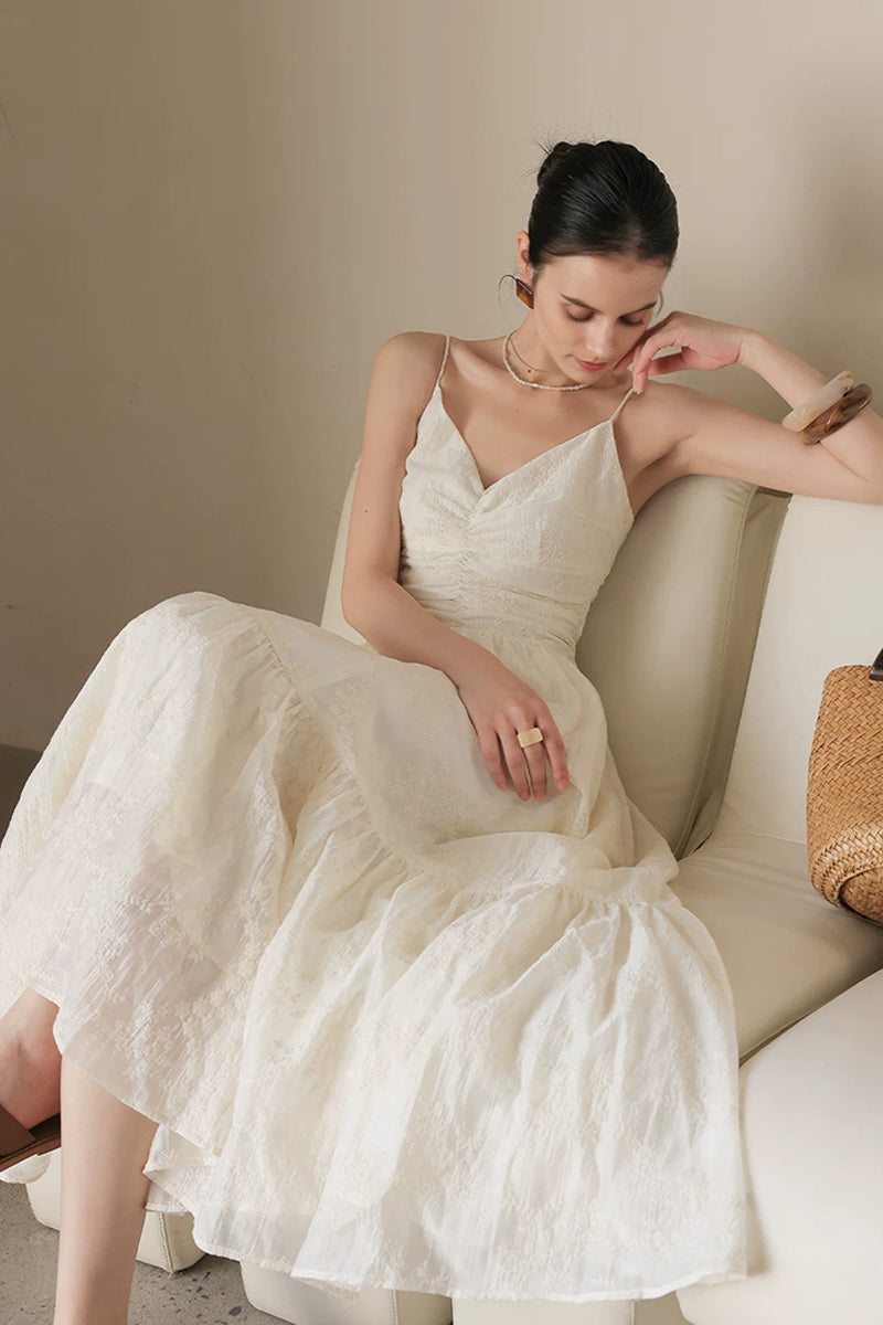 White Spaghetti Strap V-Neck Ruched Maxi Dress