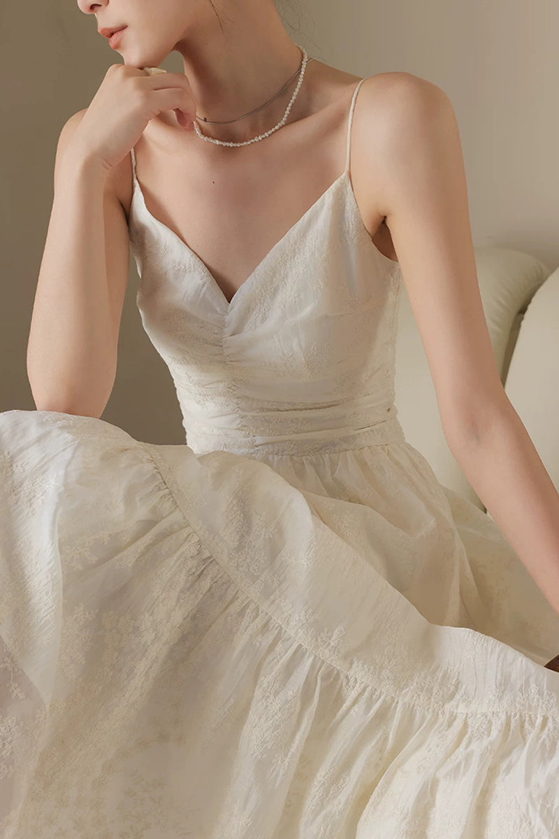 White Spaghetti Strap V-Neck Ruched Maxi Dress