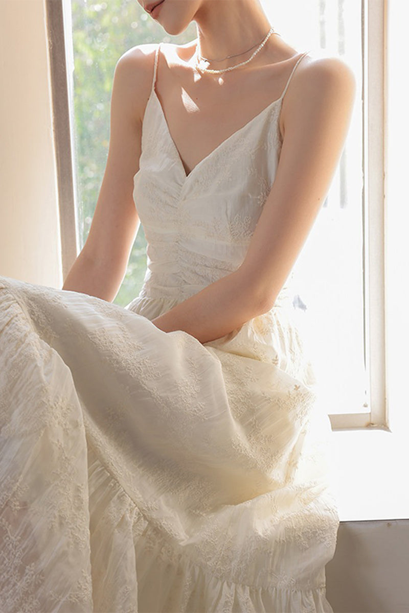 White Spaghetti Strap V-Neck Ruched Maxi Dress
