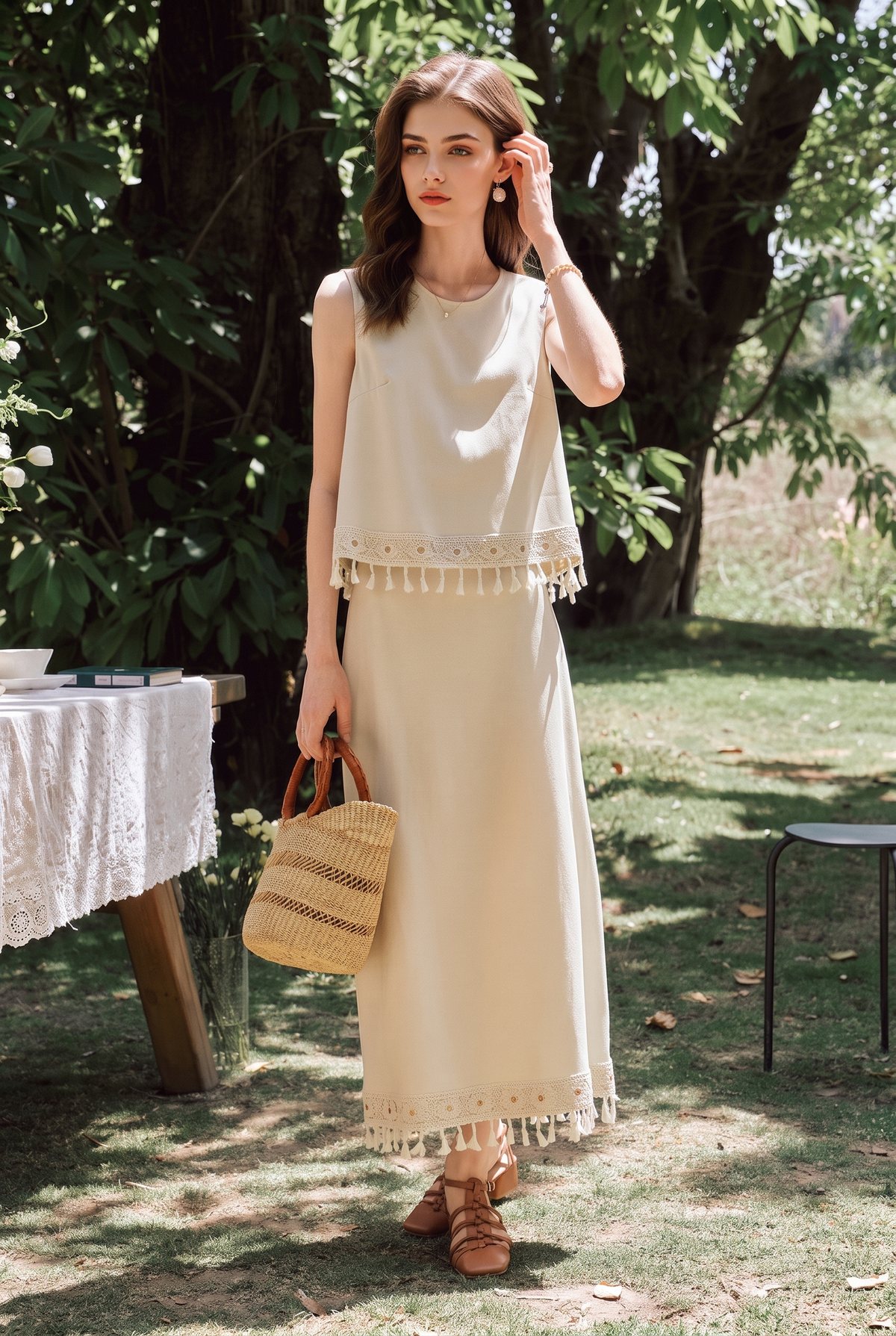 White Textured Satin Tank Top & Midi Skirt Set with Tassel Fringe