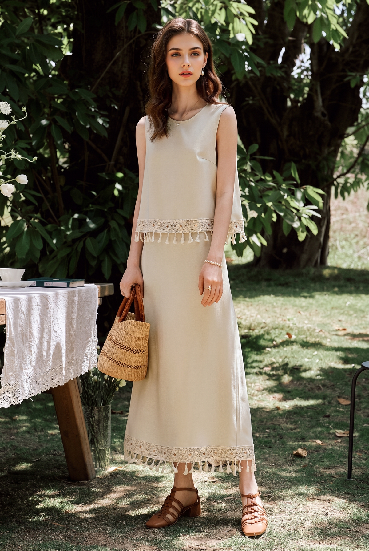White Textured Satin Tank Top & Midi Skirt Set with Tassel Fringe