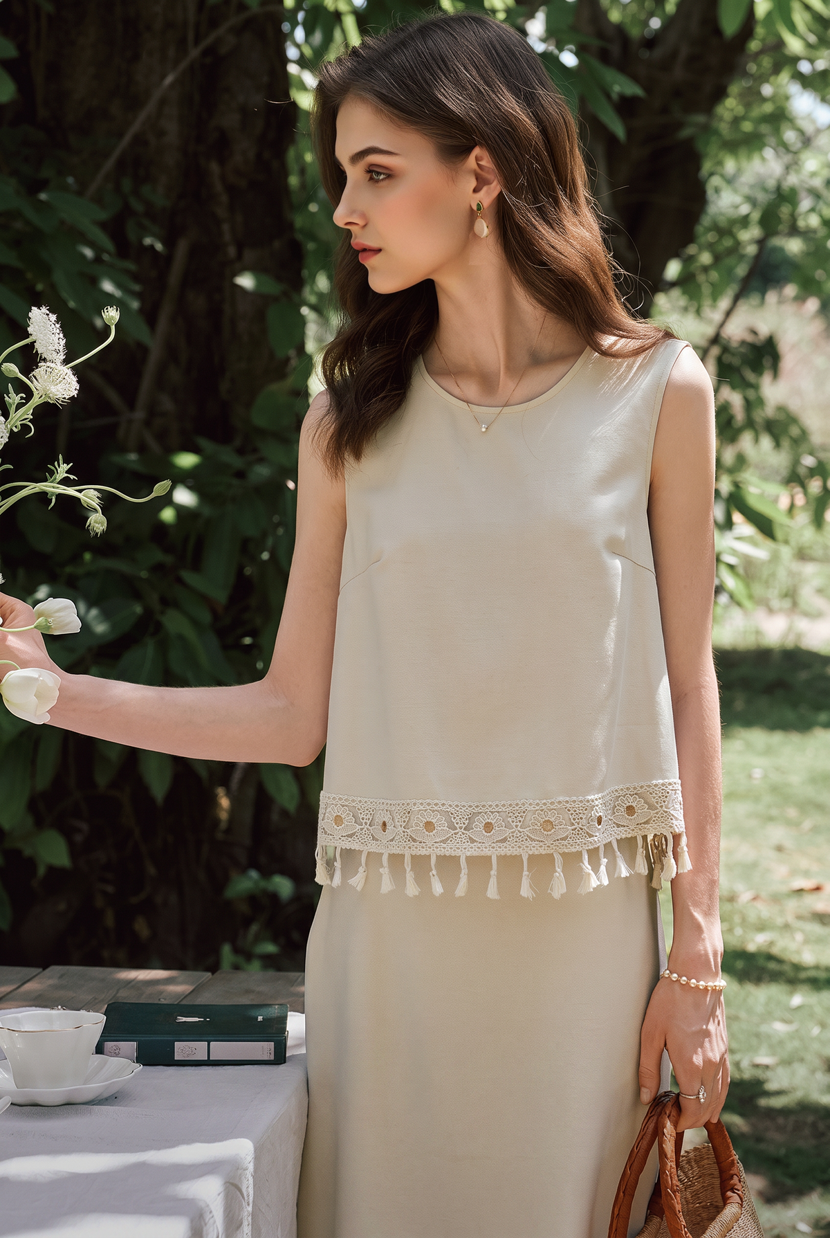 White Textured Satin Tank Top & Midi Skirt Set with Tassel Fringe