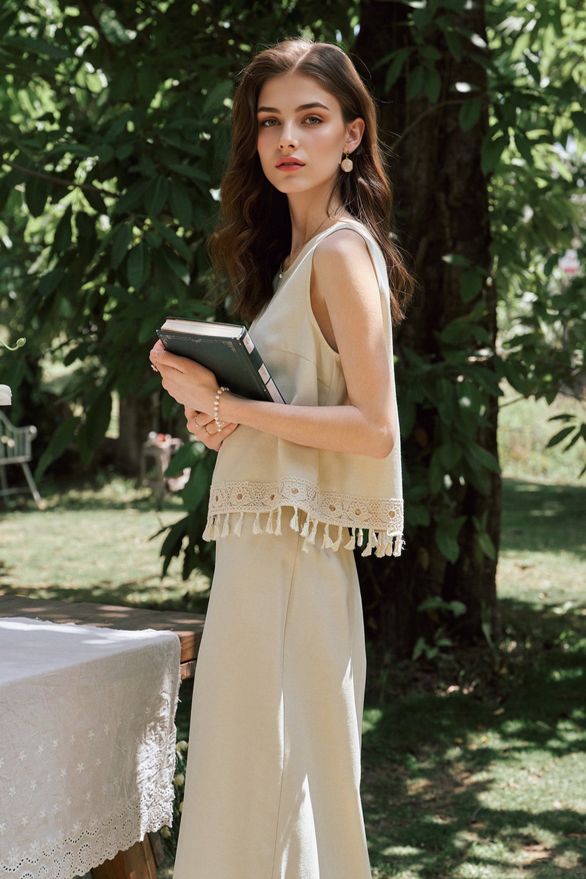 White Textured Satin Tank Top & Midi Skirt Set with Tassel Fringe