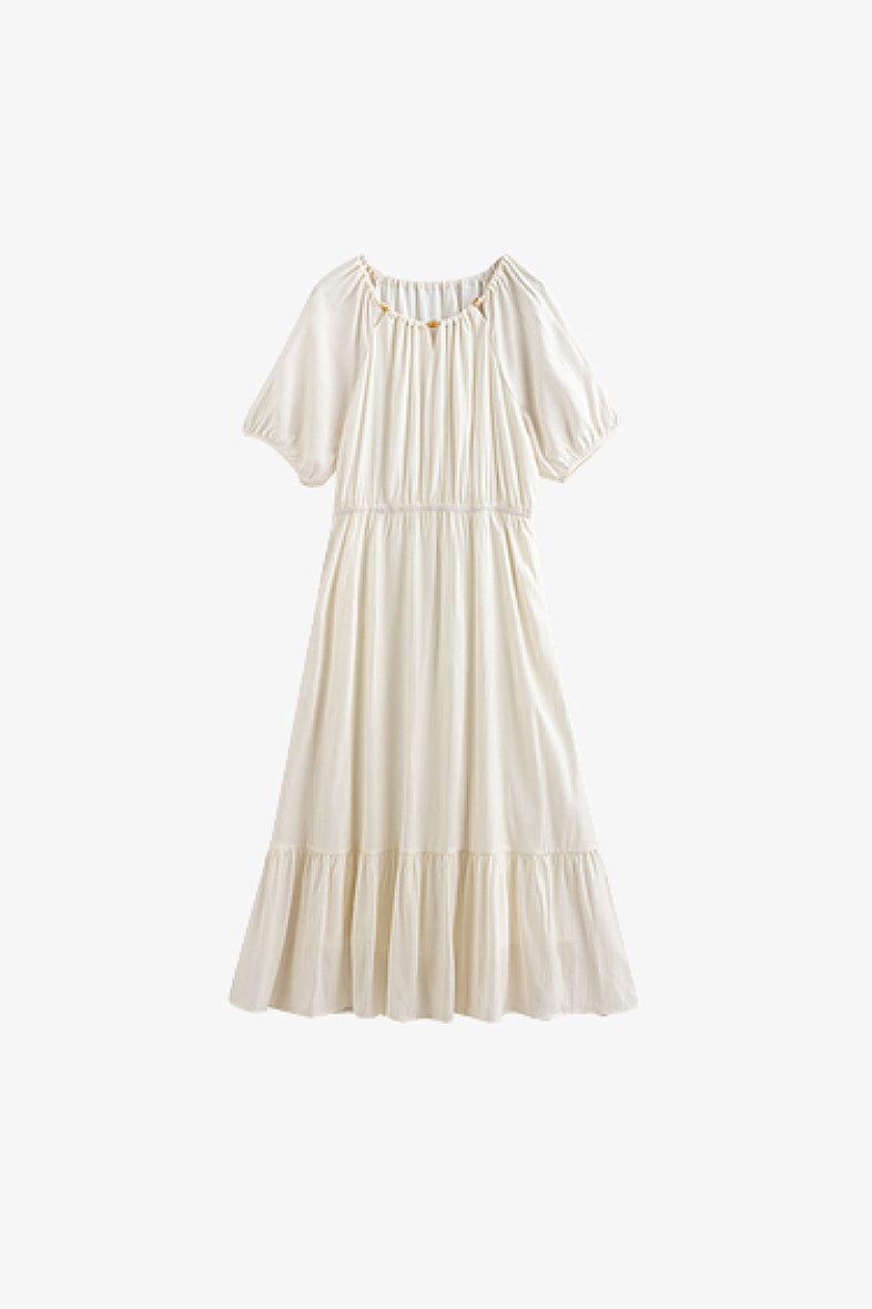 White Textured Vacation Midi Dress with Beaded Neckline