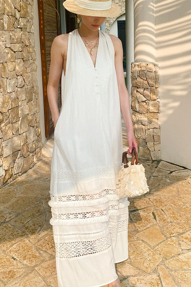 White Tiered Sleeveless V Neck Maxi Dress