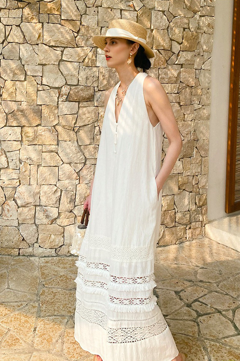 White Tiered Sleeveless V Neck Maxi Dress