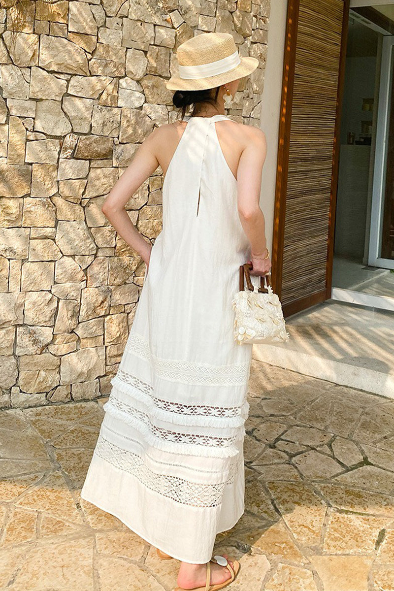 White Tiered Sleeveless V Neck Maxi Dress
