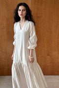 White Tiered V-Neck Balloon Sleeve Maxi Dress