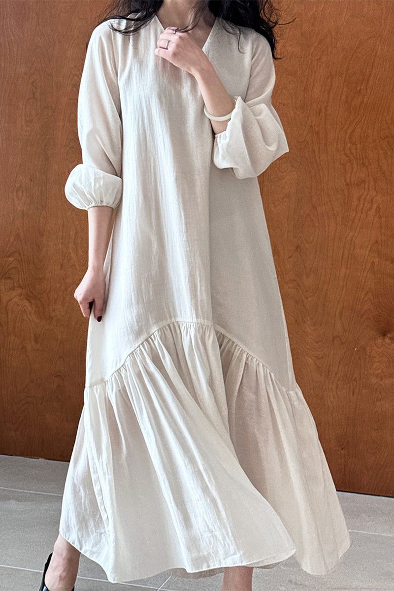 White Tiered V-Neck Balloon Sleeve Maxi Dress