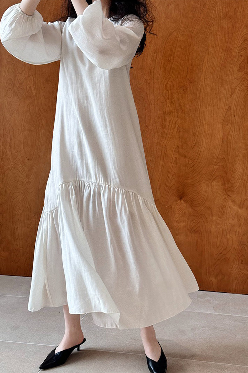 White Tiered V-Neck Balloon Sleeve Maxi Dress