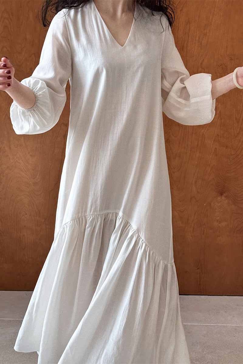 White Tiered V-Neck Balloon Sleeve Maxi Dress