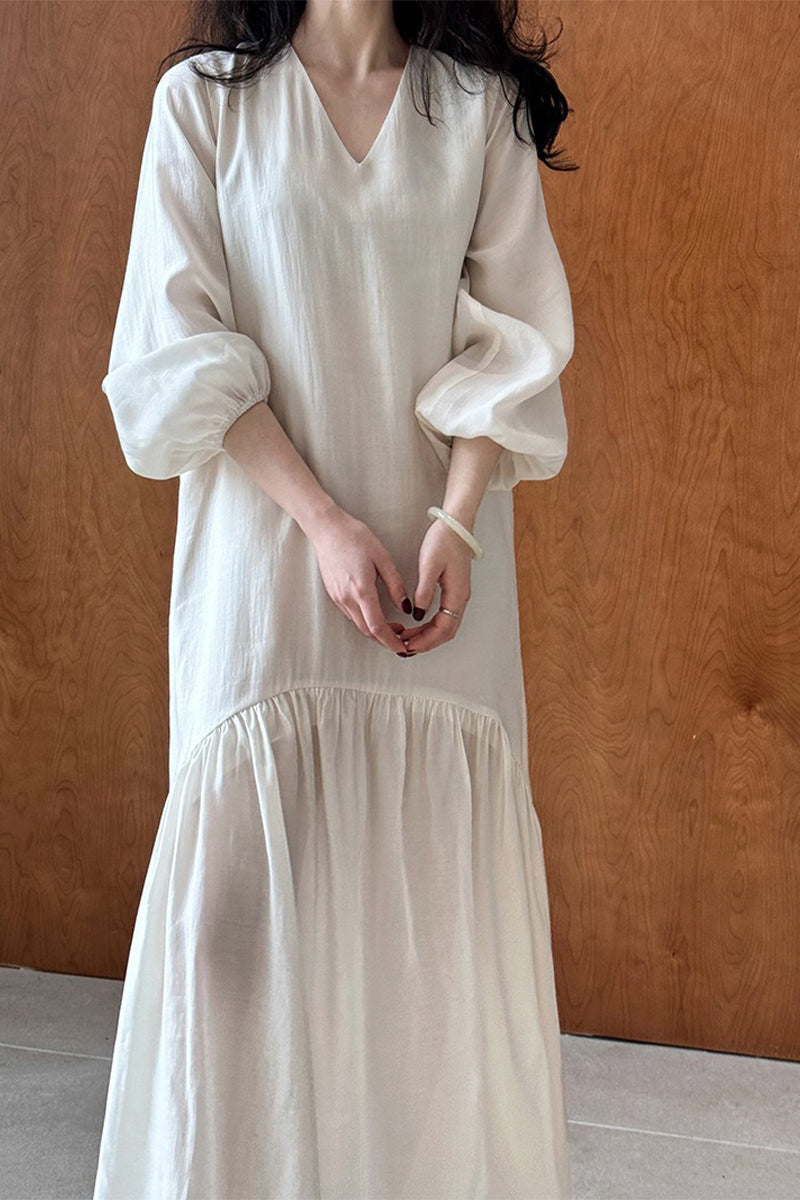 White Tiered V-Neck Balloon Sleeve Maxi Dress