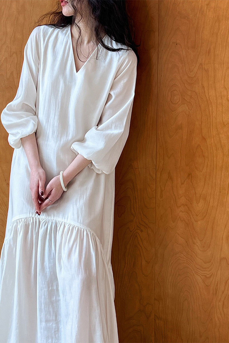 White Tiered V-Neck Balloon Sleeve Maxi Dress