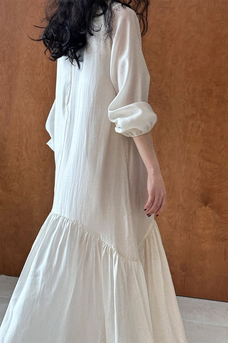 White Tiered V-Neck Balloon Sleeve Maxi Dress