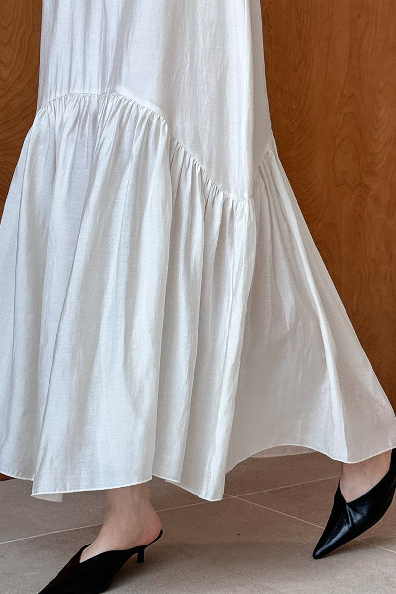 White Tiered V-Neck Balloon Sleeve Maxi Dress