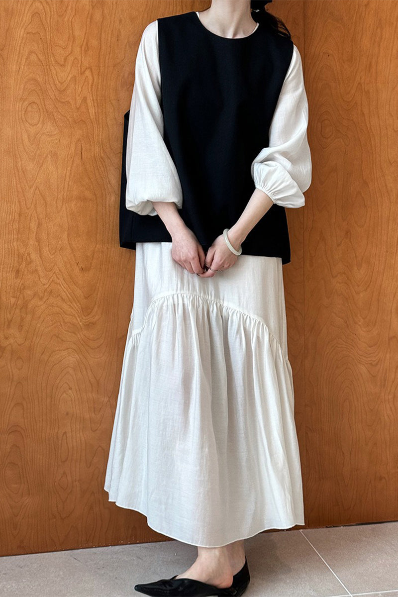 White Tiered V-Neck Balloon Sleeve Maxi Dress