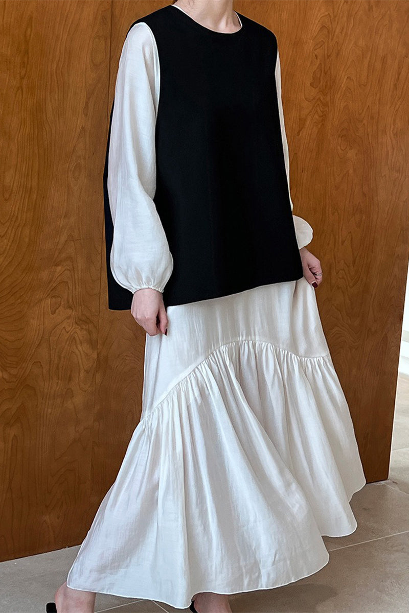 White Tiered V-Neck Balloon Sleeve Maxi Dress